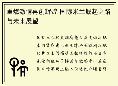 重燃激情再创辉煌 国际米兰崛起之路与未来展望